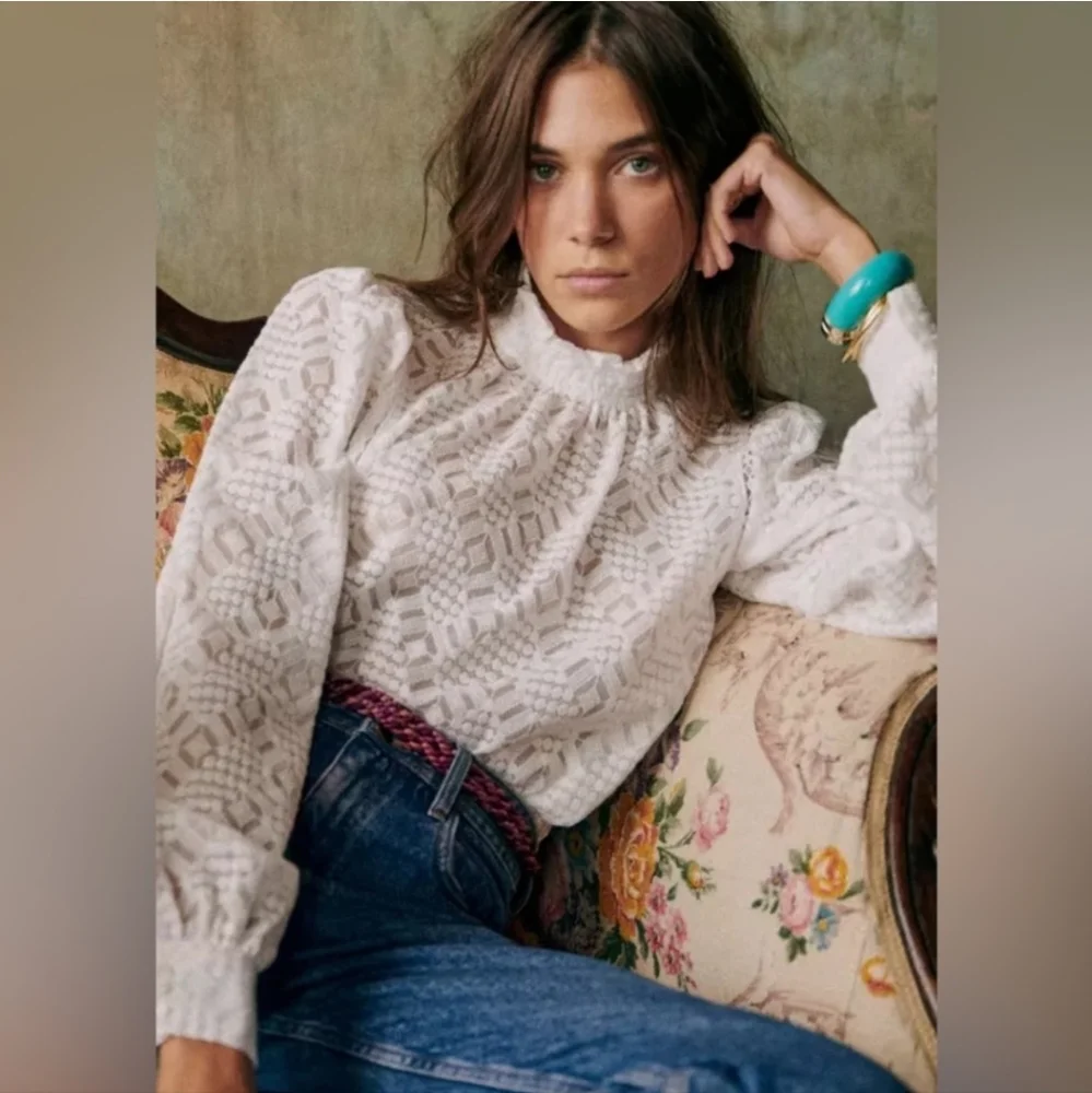 Sezane Shona White Lace Long Sleeve Blouse - Picture 2 of 15